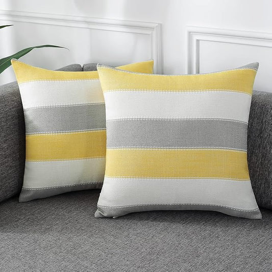 AmHoo Pack of 2 Farmhouse Stripe Check Throw Pillow Covers Set Case Cotton Linen Decorative Pillowcases Cushion Cover for Couch Bench Sofa 22x22Inch Yellow Beige