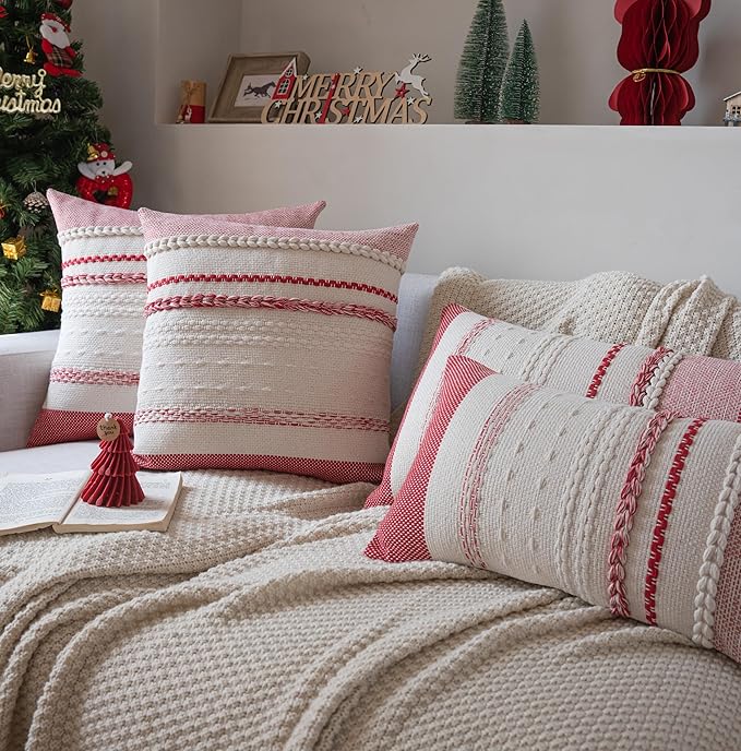 Christmas Pillow Covers 18x18 Inch Set of 2, Red Textured Boho Christmas Decorative Couch Pillow Cases for Farmhouse Home Decor, Accent Cushion Cover for Sofa, Bed, Living Room, Bedroom