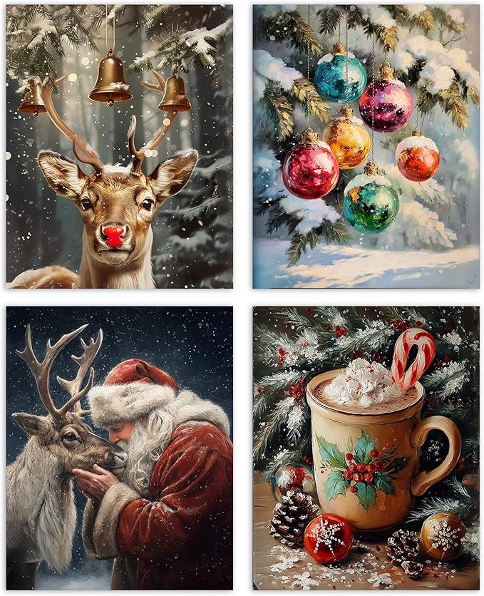 AEHIE Vintage Winter Christmas Red Nose Reindeer Santa Wall Art Poster Prints for Home, Rustic Farmhouse Xmas Santa Tree Decor, Reindeer Pine Tree Photo Santa Wall Art Unframed 4pcs 8x10inch
