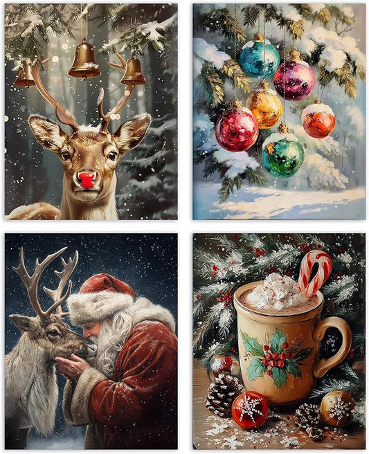AEHIE Vintage Winter Christmas Red Nose Reindeer Santa Wall Art Poster Prints for Home, Rustic Farmhouse Xmas Santa Tree Decor, Reindeer Pine Tree Photo Santa Wall Art Unframed 4pcs 8x10inch