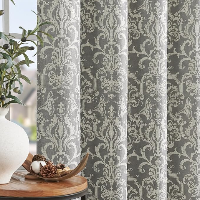 jinchan Room Darkening Curtains for Bedroom Grey Damask Patterned Curtains 108 Inch Length for Living Room Linen Textured Vintage 9FT Long Drapes Medallion Window Treatments Grommet Top 2 Panels Set