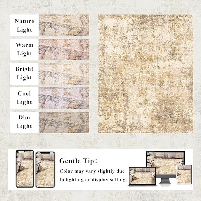 5x7 Modern Abstract Rug Washable Area Rugs for Living Room Bedroom Dining Room Non-Slip Low Pile Neutral Large Rug Soft Indoor Floor Carpet, Gold