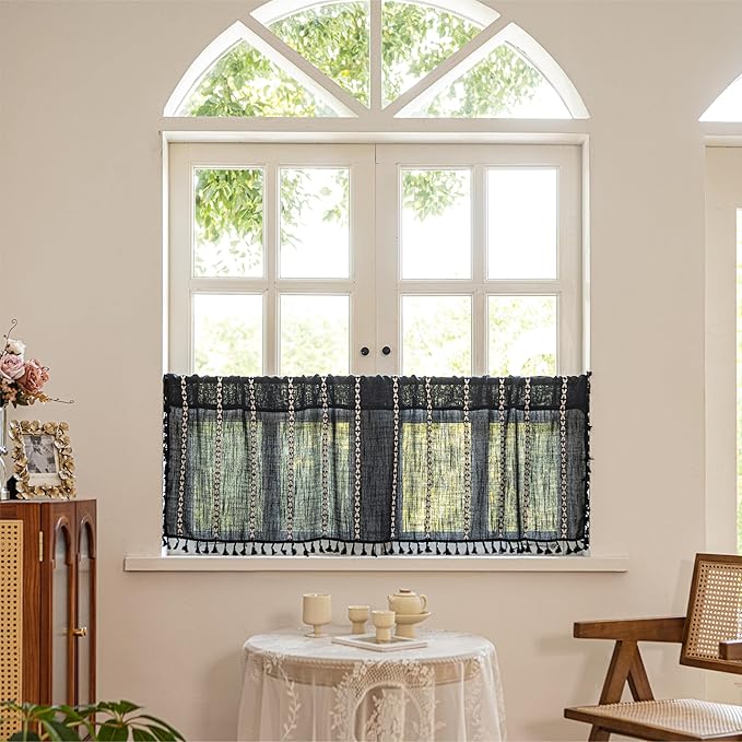 Sutuo Home Boho Valance Curtain 18 inches for Kitchen Cafe Dining Room, Short Farmhouse Vintage Tassels Window Treatment Bohemian Stripe Embroidery Drape, Rod Pocket 1 Panel 52" W x 18" L, Black