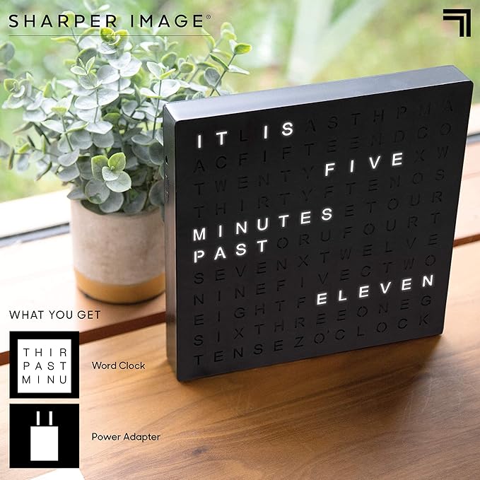 Sharper Image® LED Word Clock – 7.75" Light-Up Digital Clock for Desk & Wall| Modern Time Display Accent Clock| Unique Home Office Décor| Living Room Kitchen Bedroom| Housewarming Gift for Men & Women