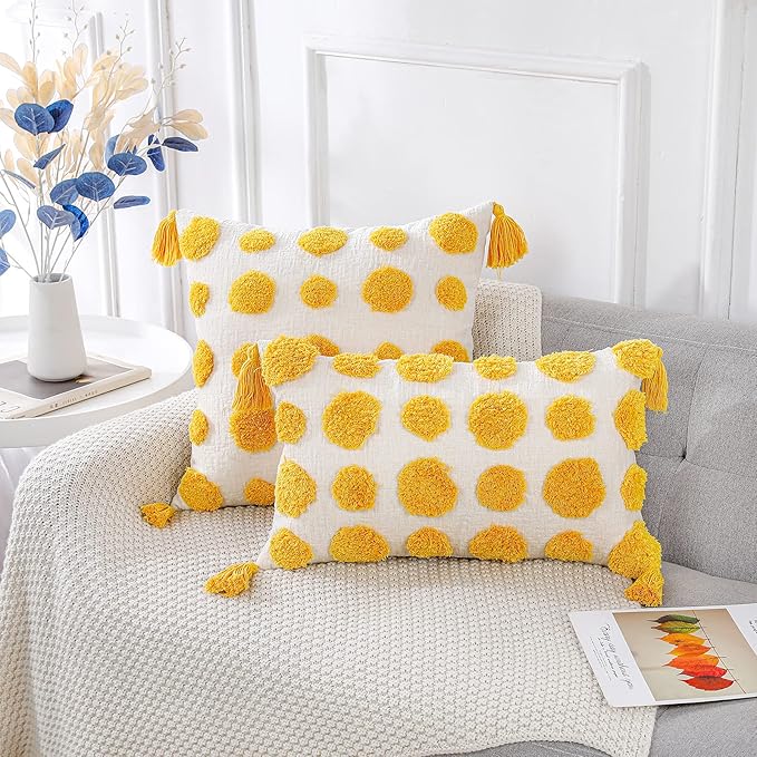 PANOD Super Soft Farmhouse Decorative Plush Throw Pillow Covers 16 x 16 Yellow,Solid Pom pom Tufted with Tassels Modern Accent Boho Square Cushion Cover Pillow Case for Couch Sofa