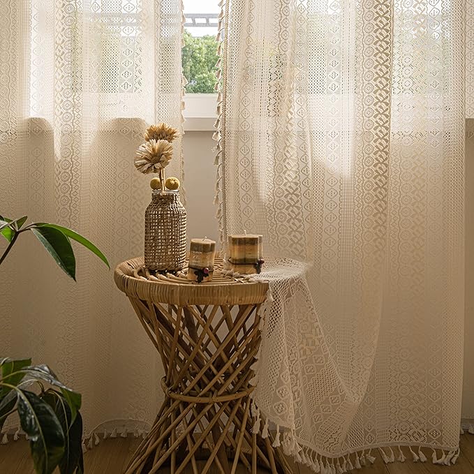 Sutuo Home Boho Curtains 84 Inches Length for Bedroom, Window Treatments Bohemian Sheer Crochet Lace Vintage Drapes Pair, Beige Geometry Knitted with Handmade Tassels Rod Pocket, 52" x 84"，2 Panels