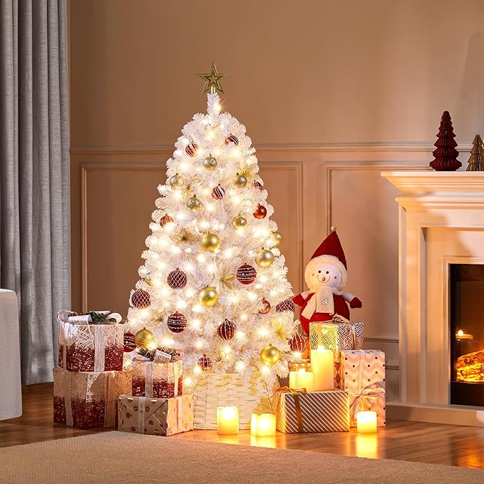Yaheetech 4.5ft Pre-lit Spruce Artificial Hinged Christmas Pine Tree Prelighted Holiday Xmas Tree for Home Party Decoration with 150 Warm White Lights and 324 Branch Tips, White