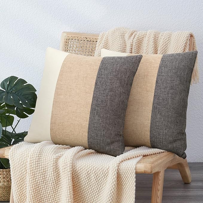 Pyonic Boho Farmhouse Throw Pillow Covers 18x18,Decorative Square Pillowcases Home Cushion Covers Case for Bed Couch Sofa,Tan Cream White and Grey,Set of 2