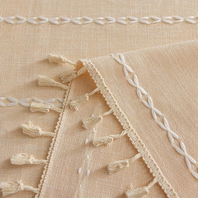 Sutuo Home Boho Curtains for Bedroom Dining Room Kitchen, Light Filtering Linen Farmhouse Shabby Chic Tassels Window Treatment Bohemian Embroidery Drape, Rod Pocket 1 Panel 52" W x 63" L Champagne