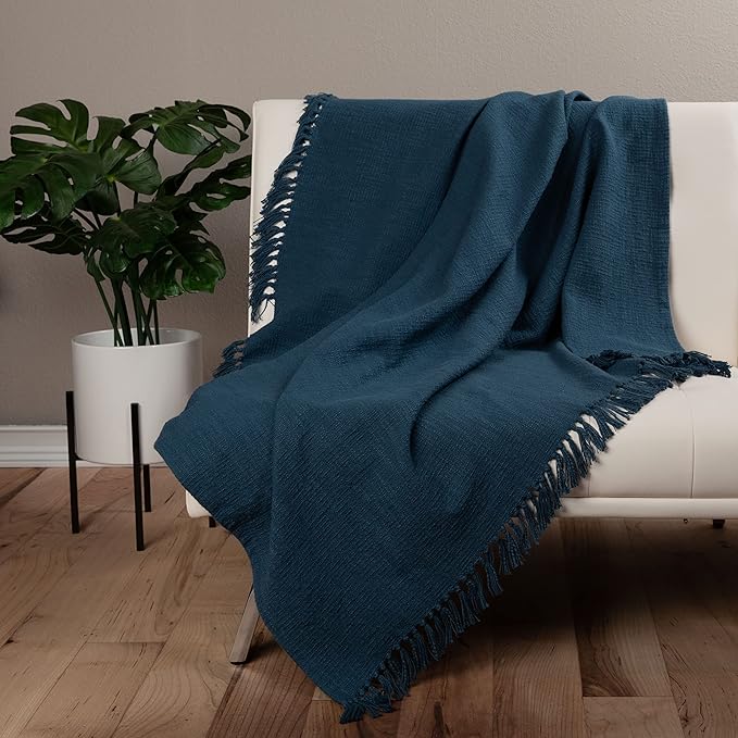 Sticky Toffee Woven Cotton Throw Blanket 60x50 in – Blue Navy Textured Blanket with Fringe for Couch or Bed, Thick and Durable Boho Decorative Throw