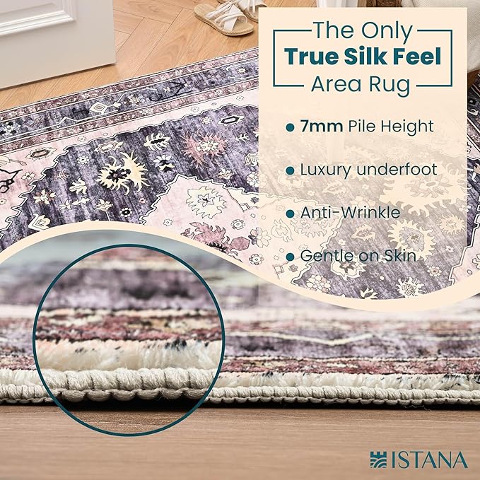 Istana Rugs 5x7 - Dark Grey Blue/Rose Mauve Rug - Foldable 5x7 Area Rugs Non Slip - Non Shedding Area Rugs - Washable 5 x 7 Rugs w/Soft Microfiber - Eco Friendly Materials Area Rug