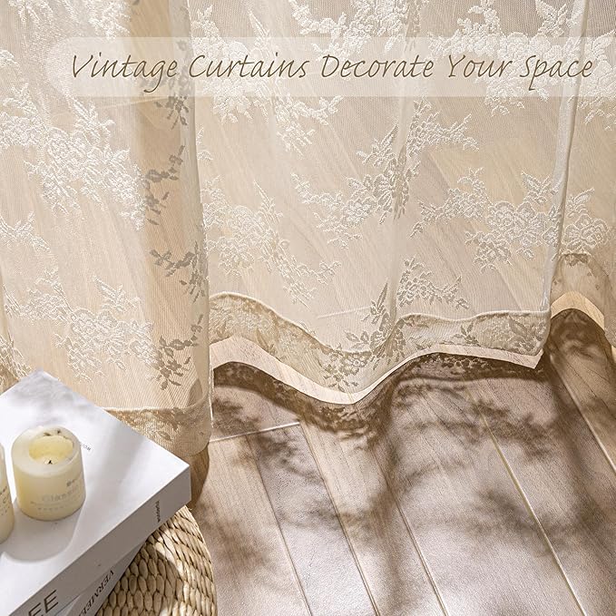 MEETSKY Beige Lace Sheer Curtains 84 Inches Long 2 Panels Set for Living Room Bedroom Vintage Victorian French Scalloped Light Filtering Drapes with Back Tab Rod Pocket, 50" W Each Panel, Oatmeal