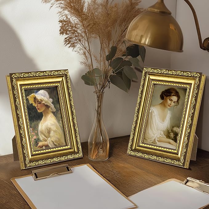 eletecpro 3x4 Picture Frames Set of 2, Ornate Vintage Photo Frame with Glass, Rustic Gold Frames Display 3 x 4 Photo for Tabletop, Gold