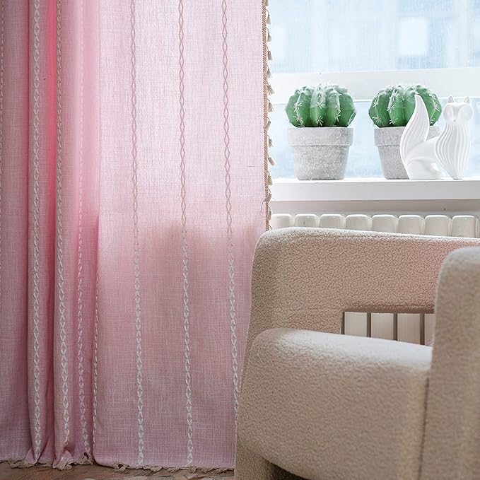 Sutuo Home Boho Curtain for Bedroom 84 Inch Length, Light Filtering Farmhouse Shabby Chic Tassels Window Treatment Bohemian Embroidery Drape, Rod Pocket 1 Panel 52" W x 84" L, Pink