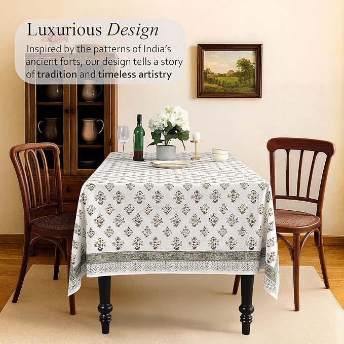 CPC Tablecloth 100% Cotton 70x108 Inch Indian Block Print Rectangle Table Cover, Green Table Cloth for Weddings, Spring/Summer Barbeque - Forest Green
