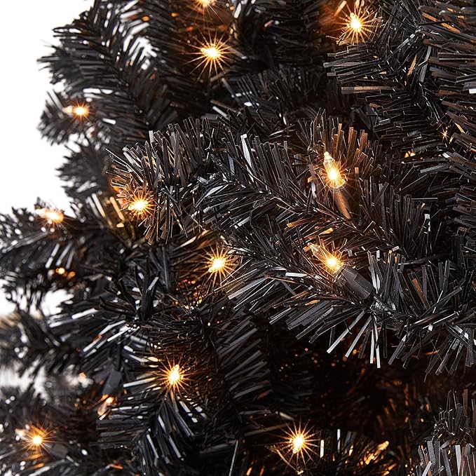 Yaheetech 7.5Ft Pre-Lit Halloween Black Artificial Hinged Christmas Pine Tree Prelighted Xmas Tree for Home Party Holiday Decoration with 550 Clear Warm White Lights and 1354 Branch Tips