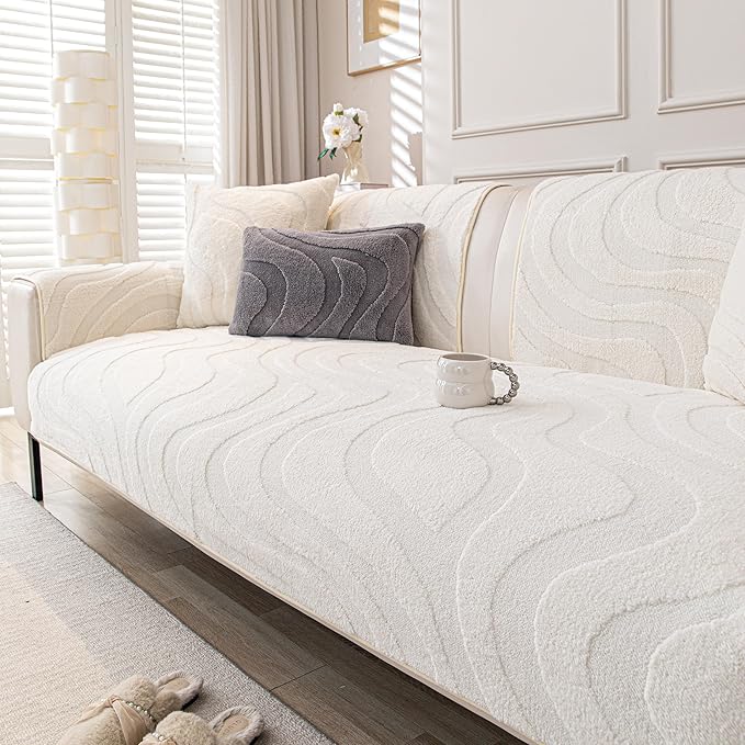Couch Cover Sofa Covers Washable, Velvet Fleece Sofa Slipcovers for 2 Cushion Couch, Non-Slip Furniture Protector for Dog Pet, L Shaped Recliner Sectional Couch Cover White,36"X47"(Only 1 Pcs)