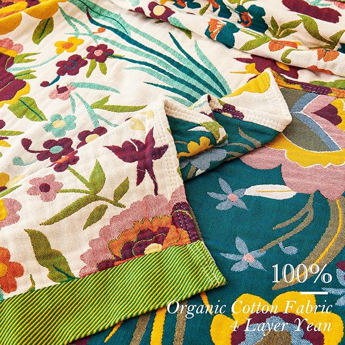 Boho Throw Blanket, 100% Organic Cotton Breathable Ultra Soft 80" x 90" Bed Quilt Throw - All Season Floral Rustic Farmhouse Decor Luxury Reversible Blanket for Sofa Couch Chair and Gift