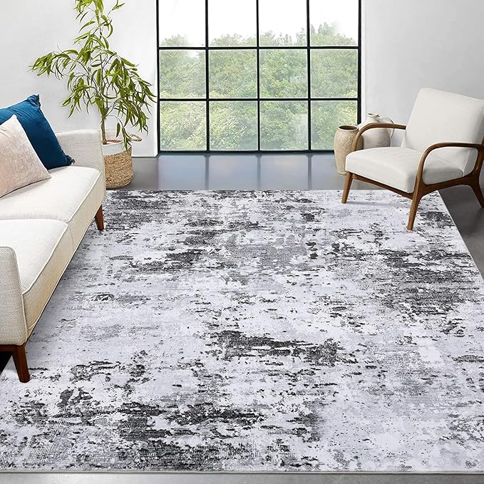 6x9 Modern Abstract Area Rug Non Slip Non Shedding Low Pile Stain Resistant Rug Soft Carpet for Bedroom Living Room, Grey
