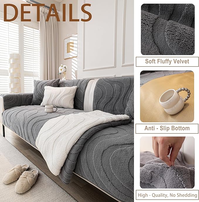 Couch Cover Sofa Covers Washable, Velvet Fleece Sofa Slipcovers for 3 Cushion Couch, Non-Slip Furniture Protector for Dog Pet, L Shaped Recliner Sectional Couch Cover Grey,36"X63"(Only 1 Pcs)