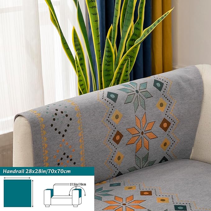 Boho Chenille Couch Covers,Geometric Couch Covers for Sofa,Chenille Couch Cover Non Slip,Sectional l Shaped Sofa Furniture Protector Cover for Home Decor,Gray_Handrail 28x28in/70x70cm