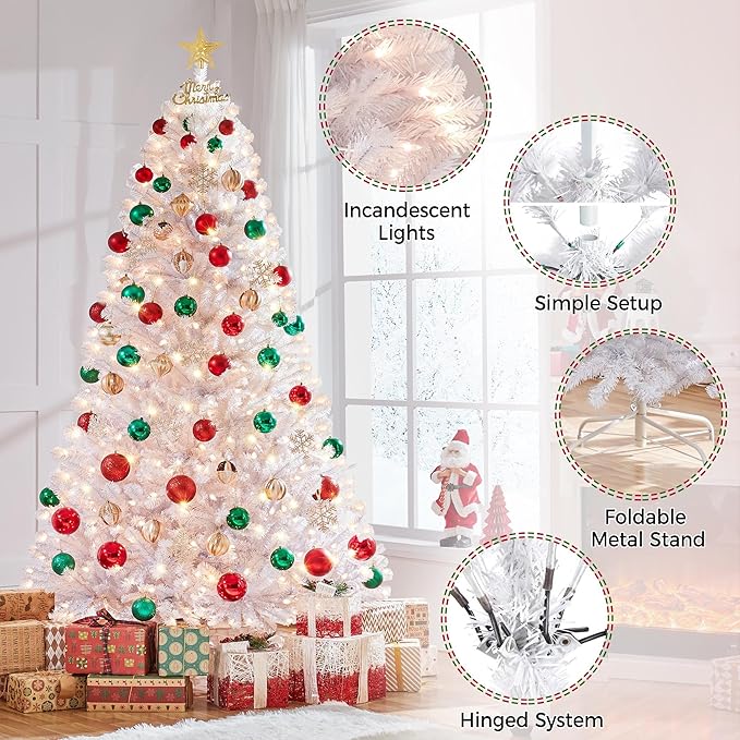 Yaheetech 7.5ft Pre-lit Spruce Artificial Hinged Christmas Pine Tree Prelighted Holiday Xmas Tree for Home Party Decoration with 550 Warm White Lights and 1354 Branch Tips, White
