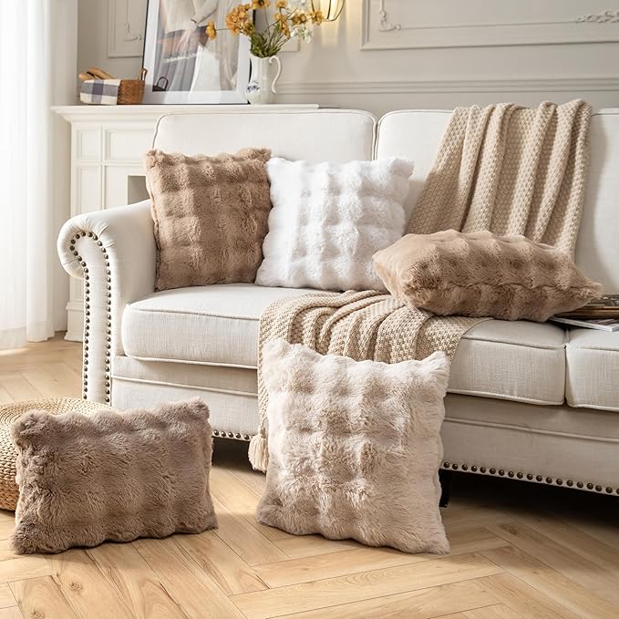 Pack of 2 Thick Plush Throw Pillow Covers Fluffy Wave Faux Fur Decorative Cushion Covers Soft Wool Pillowcase for Sofa Couch Livingroom 24x24 Inch White