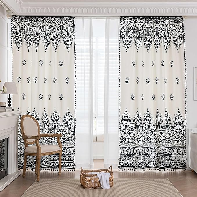 Boho Floral Curtains French Country Farmhouse Curtains 72 Inches Long Light Filtering Window Rod Pocket Drapes for Living Room 2 Panels