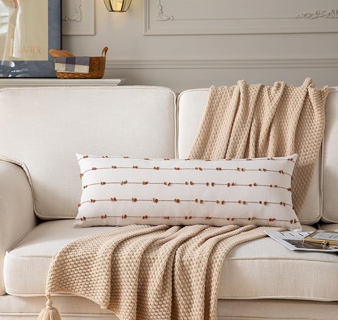 Caflife Boho Lumbar Throw Pillow Covers 14x36 inches Long, Farmhouse Decorative Body Pillow for Bed and Sofa, Living Room Home Decor Couch Brown Pillowcase, Pack of 1