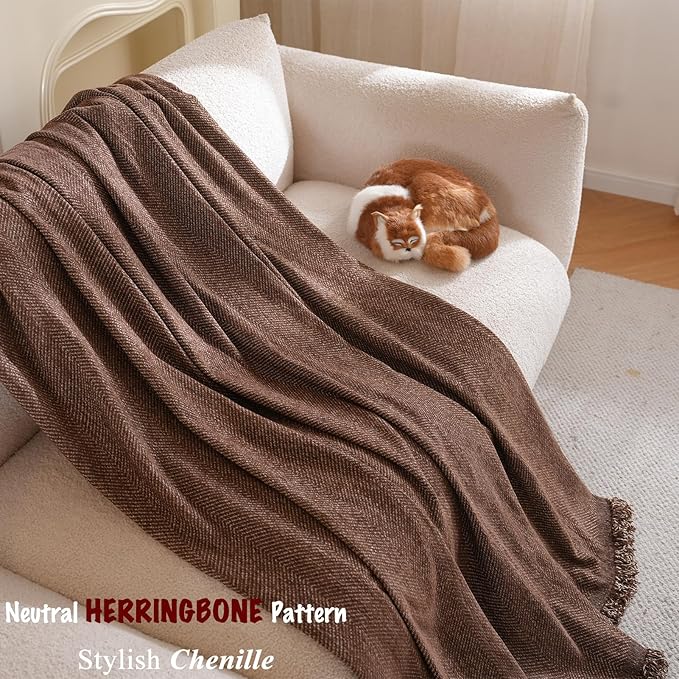 Couch Cover with Tassel Pet Loveseat Protector Brown Boho Herringbone Chenille Sofa Covers for Sectional 2 Seat Couch Furniture Protector for Pets, Kids(Chocolate, Large, 71" x 118")