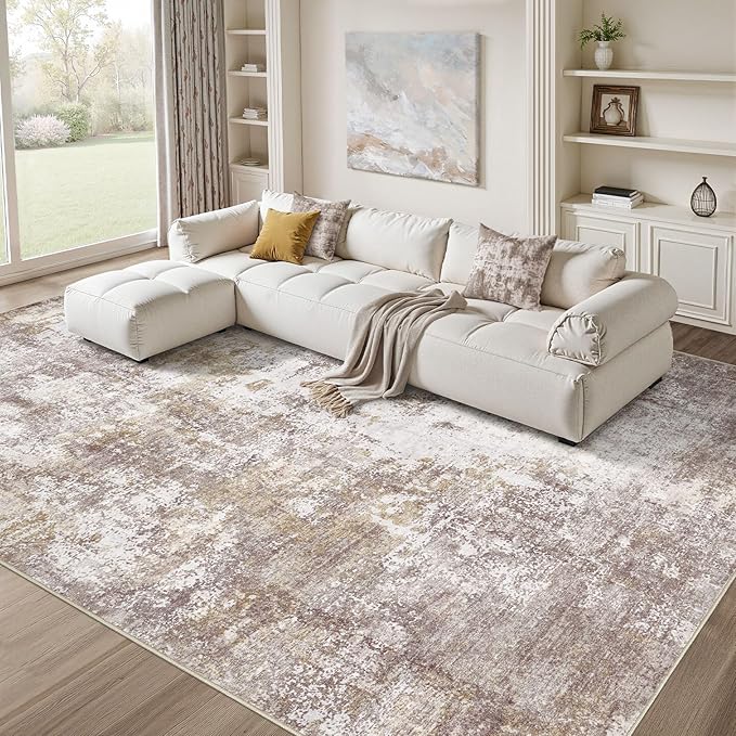 Washable 8X10 Area Rug: Modern Abstract Soft Non-Slip Indoor Rugs Home Decor - Low Pile Stain Resistant Carpet for Living Room Bedroom Dining Room Playroom Office(Golden Brown 8'x10')