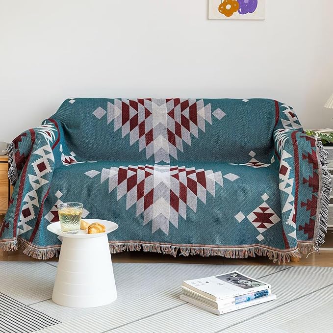 VClife Boho Couch Cover Soft Cotton Linen Blue Red Gray Triangle Plaid Geometric Sofa Slipcover for Sectional Sofa, Multi-sue Non Slip Loveseat Cover Sofa Protector for Dog Cat Kid 71"x 118"