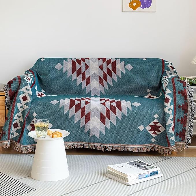 VClife Boho Couch Cover, Modern Cotton Linen Couch Cover for 3-4 Cushion Couch Sofa Cover with Tassel, Blue Red Gray Plaid Triangle Sofa Slipcover for Sectional Sofa L Shape Sofa Cover 71"x 150"