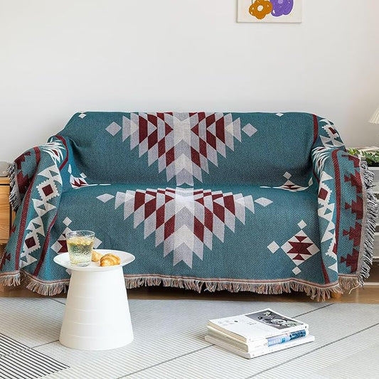 VClife Boho Couch Cover, Modern Cotton Linen Couch Cover for 3-4 Cushion Couch Sofa Cover with Tassel, Blue Red Gray Plaid Triangle Sofa Slipcover for Sectional Sofa L Shape Sofa Cover 71"x 150"