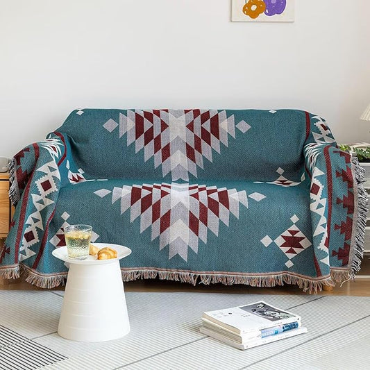 VClife Boho Couch Covers Thick Cotton Linen Couch Cover for 3 Cushion Couch Sofa Blue Red Gray Triangle Plaid Geometric Sofa Cover for Sectional Sofa Pet-Friendly Dog Cat XL Sofa Protector 71" X 134"