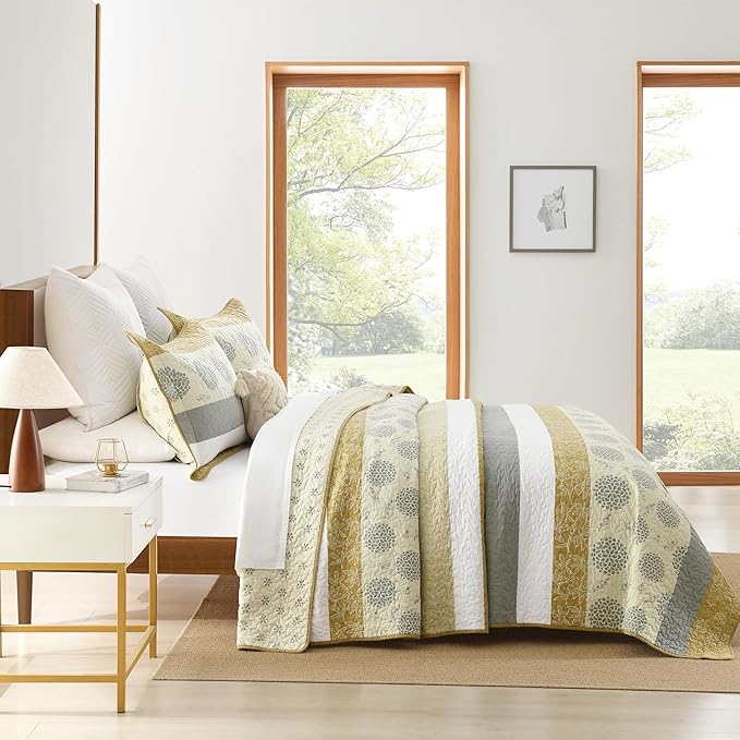 Homzard Quilt King Size-Comforter King Quilt Bedding Set,Mustard Yellow Beige Grey All Cotton Quilted Bedspread,Striped Floral Pattern Bedding Set,Lightweight Reversible 3 Piece,All Seasons