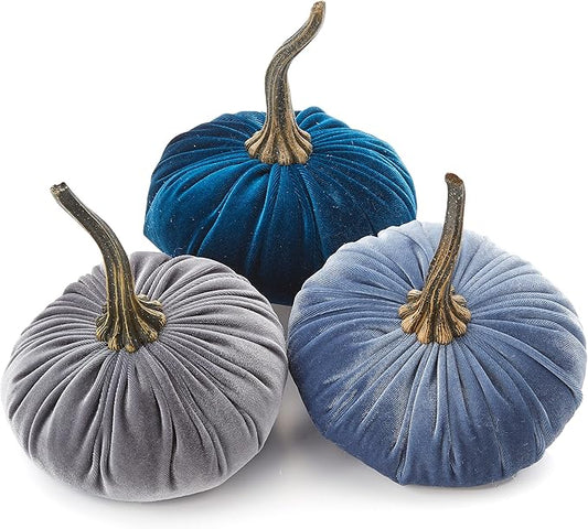 Set of 3 Velvet 6.25 Inch Pumpkins, blue pumpkins, fall decorations for the home, elegant autumn accent, bowl filler for centerpiece, basket for hostess gift, mantel decor (Slate, Gray, Teal)