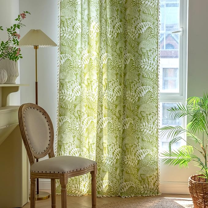 Sutuo Home Boho Curtains 84 Inches Length for Bedroom Living Room, Printed Cotton Linen Rod Pocket Rustic Farmhouse Bohemian Tassels Window Treatment, 1 Panel 59" W x 84" L, Green Botanic Leaves