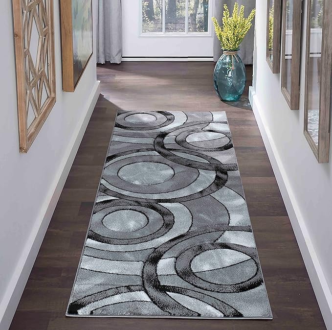 GLORY RUGS Area Rug Modern 2x7 Grey Black Circles Geometry Soft Hand Carved Contemporary Floor Carpet Fluffy Texture for Indoor Living Dining Room and Bedroom Area