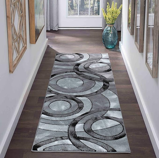 GLORY RUGS Area Rug Modern 2x7 Grey Black Circles Geometry Soft Hand Carved Contemporary Floor Carpet Fluffy Texture for Indoor Living Dining Room and Bedroom Area