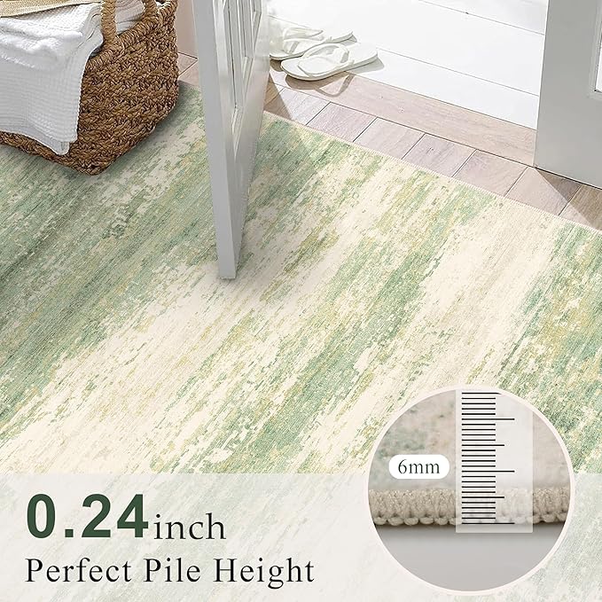 2.6x8 Modern Abstract Rug Washable Area Rugs for Living Room Bedroom Dining Room Non-Slip Low Pile Neutral Large Rug Soft Indoor Floor Carpet, Green