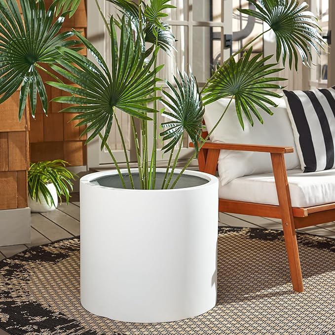 SAFAVIEH Outdoor Collection Alia Modern White Concrete Ficonstone Round Planter Pot