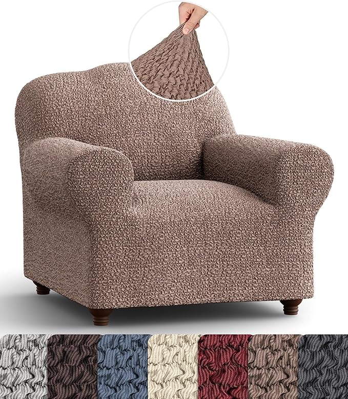 PAULATO BY GA.I.CO. Chair Cover - Armchair Cover - Armchair Slipcover - Cotton Fabric Slipcover - 1-Piece Form Fit Stretch Stylish Furniture Protector - Mille Righe Collection - Camel (Chair)