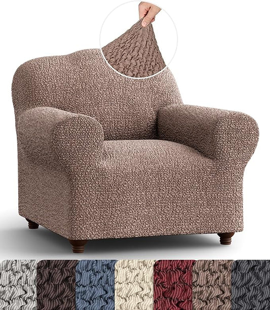 PAULATO BY GA.I.CO. Chair Cover - Armchair Cover - Armchair Slipcover - Cotton Fabric Slipcover - 1-Piece Form Fit Stretch Stylish Furniture Protector - Mille Righe Collection - Camel (Chair)