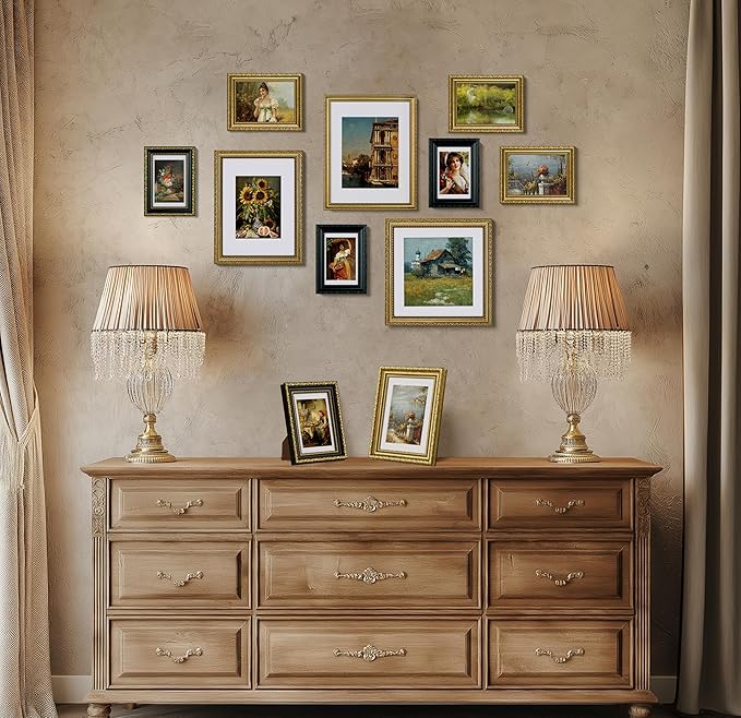 eletecpro 10x10 Picture Frames Set of 2, Vintage 10 x 10 Photo Frames with Glass, Display 8x8 Photo with Mat or 10x10 without Mat for Tabletop or Wall Decor, Gold