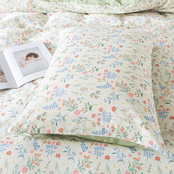 HoneiLife Duvet Dover Queen Size - 100% Cotton Bedlinen Set, Floral Comforter Cover with Zipper Closure & Corner Ties, 3-PC Wildflower Comforter Cover Sets
