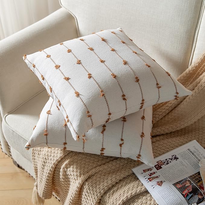 Caflife Boho Throw Pillow Covers 22x22 inches Beige and Brown, Set of 2 Modern Farmhouse Decorative Pillow Covers for Couch Bed, Living Room