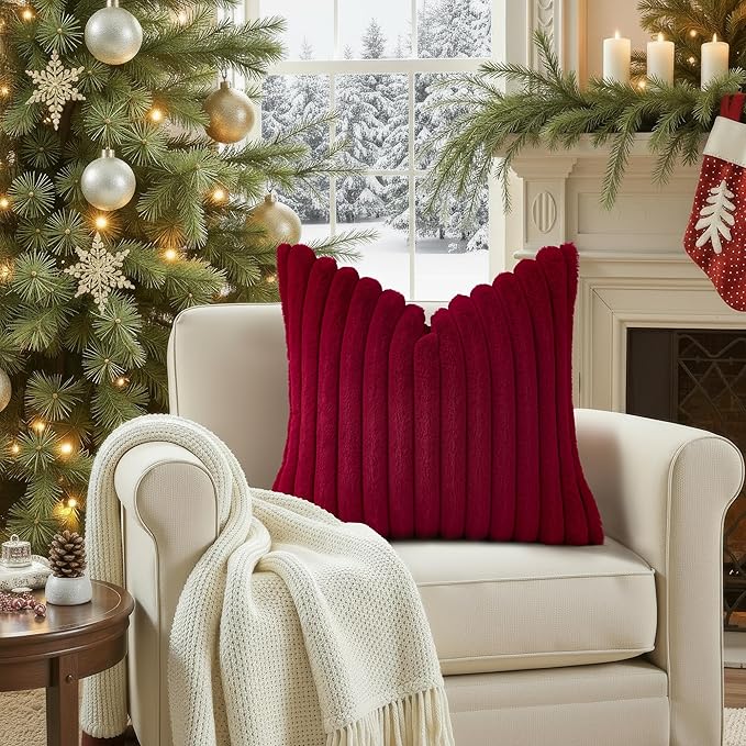 decorUhome Faux Fur Christmas Throw Pillow Covers 12x20 Set of 2, Decorative Soft Plush Striped Lumbar Neutral Couch Euro Pillow Covers with Velvet Back for Sofa, Bed, Living Room Home Decor, Burgundy