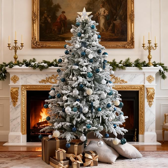 7ft Snow Flocked Prelit Christmas Tree Decorations with 300 Dual-Color LED Lights, Lighted Artificial White Xmas Tree for Indoor Decor,Living Room with 1878 Tips, Metal Stand,Plug-in