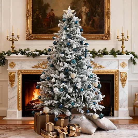 7ft Snow Flocked Prelit Christmas Tree Decorations with 300 Dual-Color LED Lights, Lighted Artificial White Xmas Tree for Indoor Decor,Living Room with 1878 Tips, Metal Stand,Plug-in